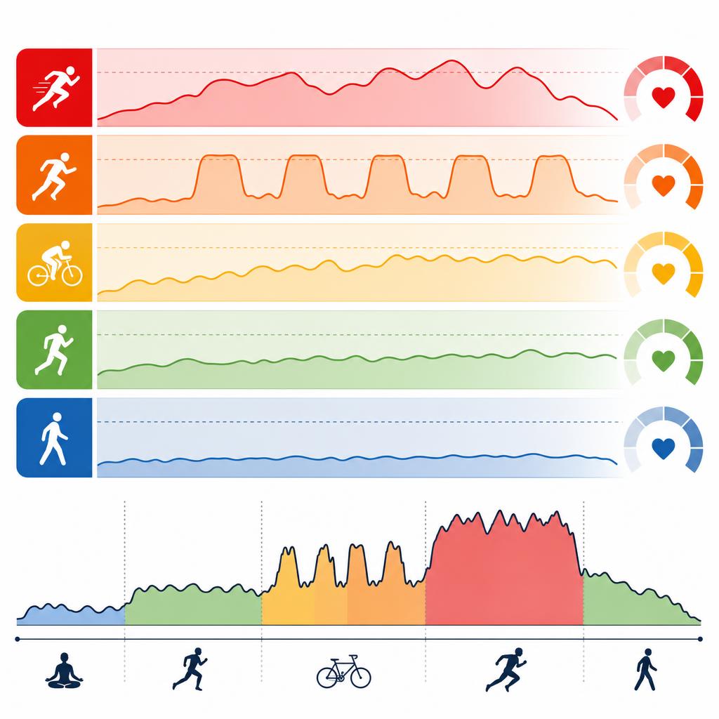 Five heart rate training zones from easy recovery to maximum effort.