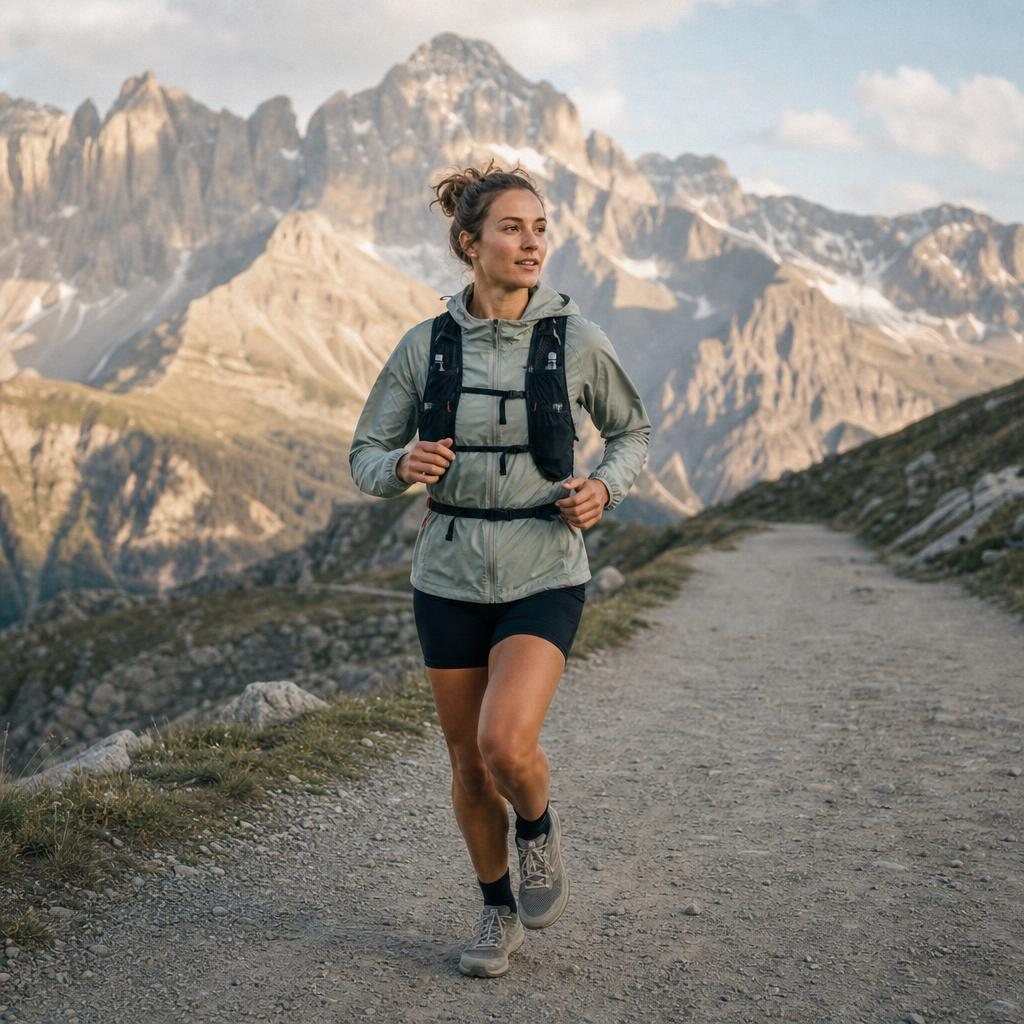Alpine endurance athlete hiking and jogging gently on a wide mountain trail, relaxed breathing, soft sunlight, documentary photo with film grain,