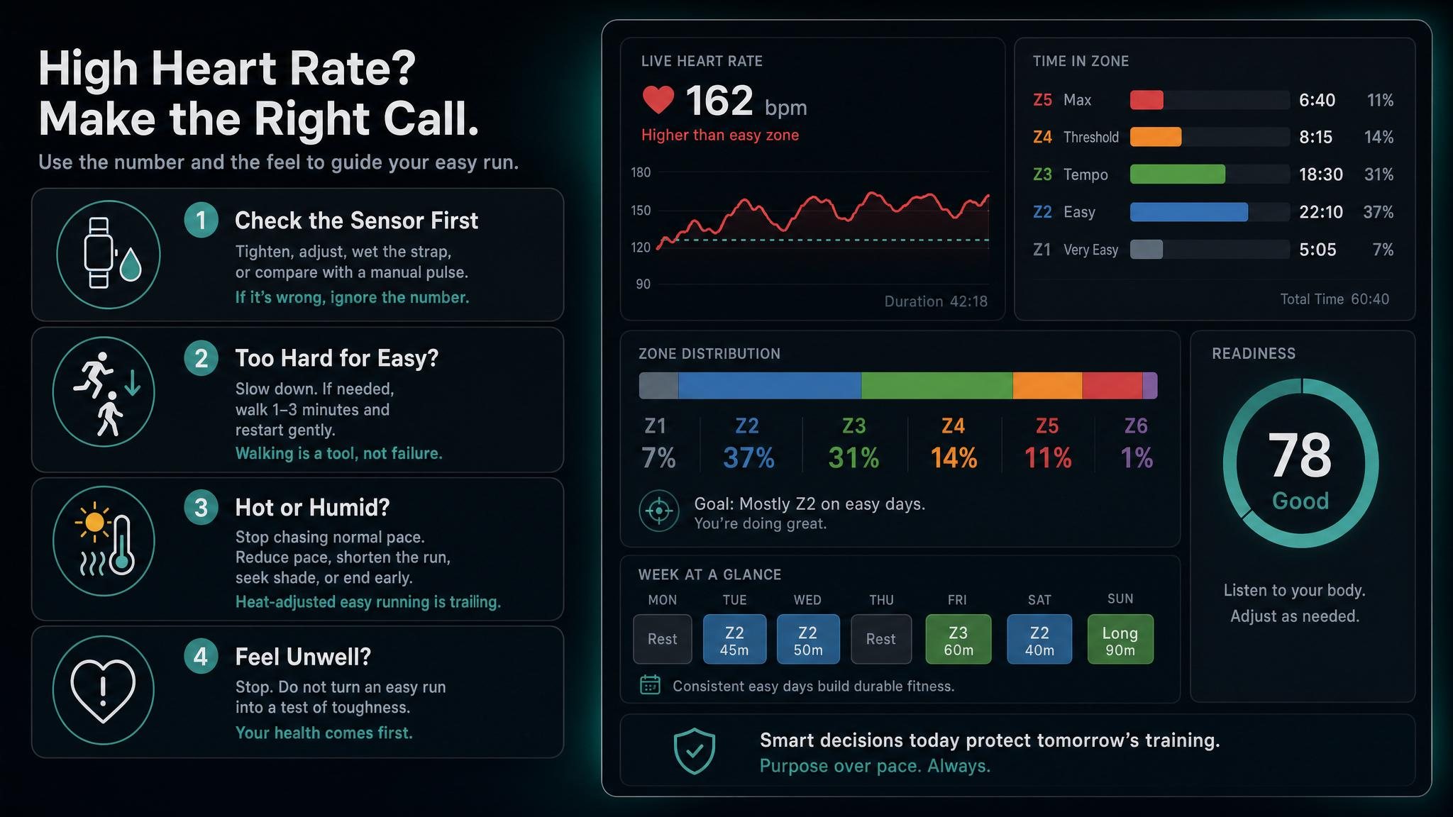 Decision tree for what to do when heart rate is high on an easy run.